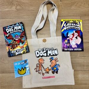 Dog Man Kids Tote Bag with signed Book